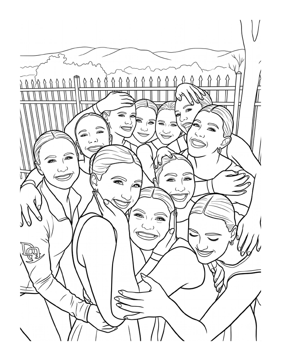 Coloring page: the team in a tight group hug in front of a fence with hills behind