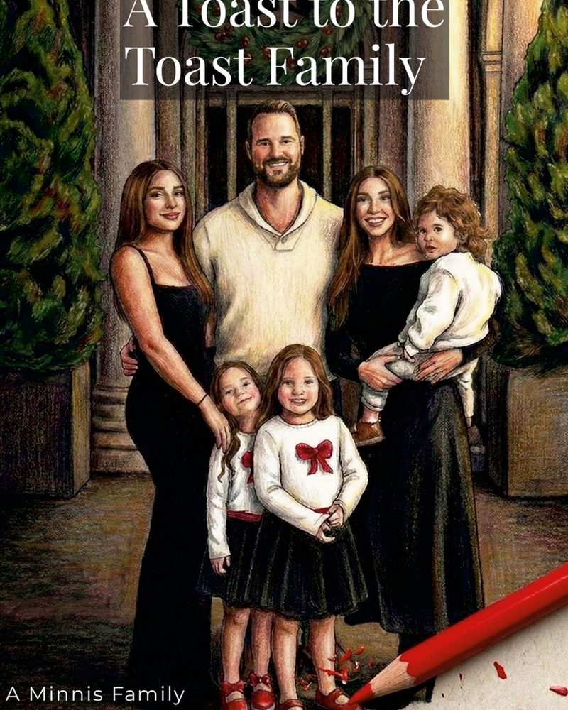 Cover of A Toast to the Toast Family, colored in: a family in bow sweaters in front of a wreath and columns, a red pencil in the corner