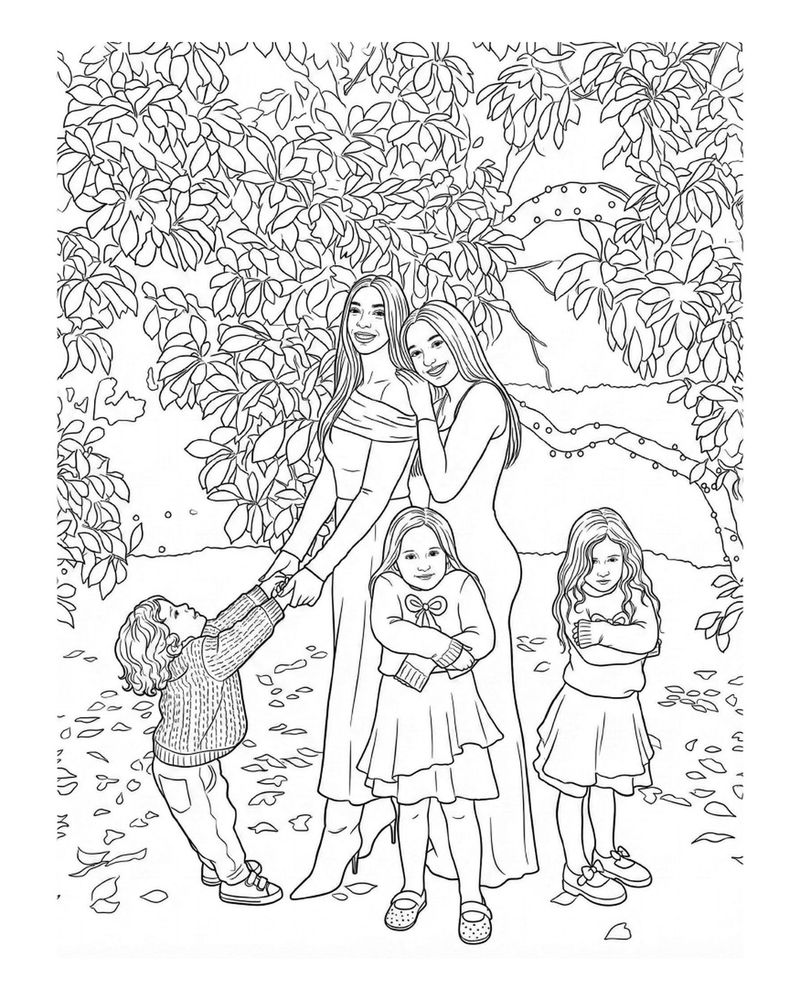 Coloring page: the family outdoors under a tree, kids swinging on their parents' hands