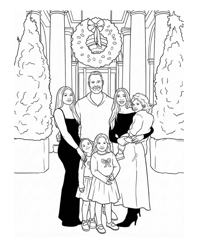 The same holiday portrait as a line-art coloring page: wreath, columns, the whole family